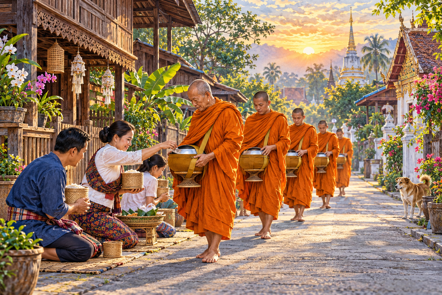 Thai Monks Morning Alms Round