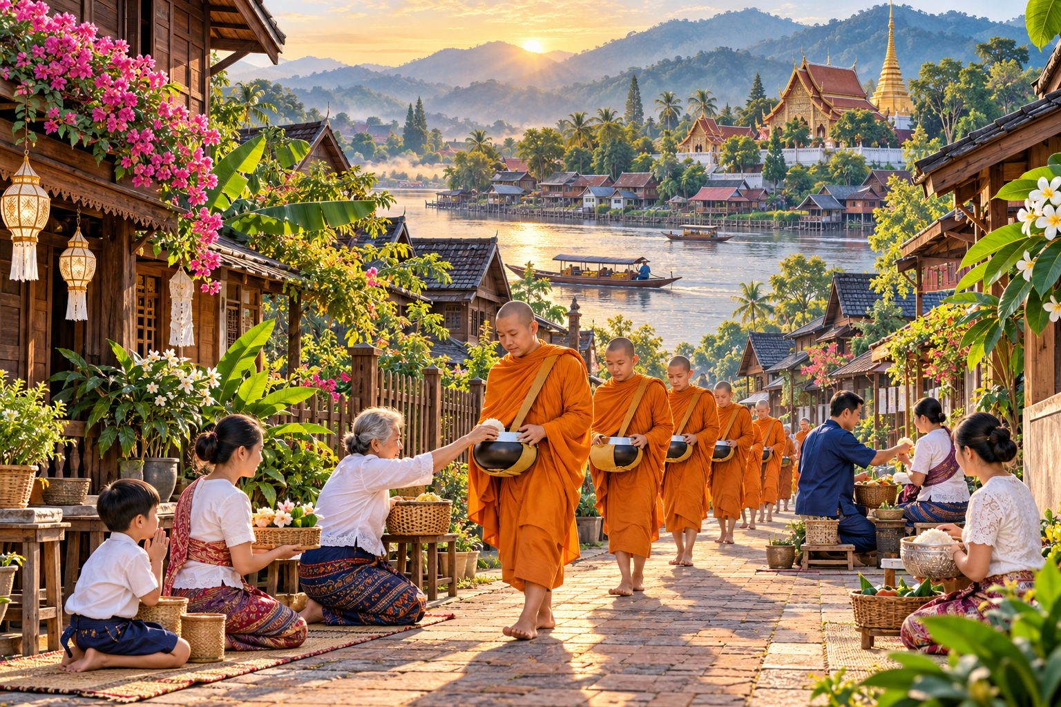 Almosengang thailändischer Mönche · Design B · AI DEMO